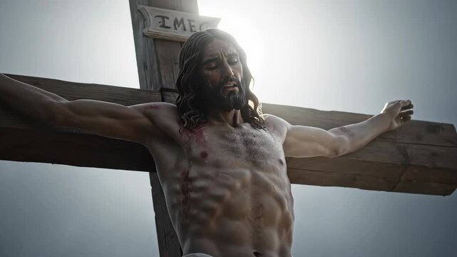 Jesus Christ on the Cross - A dramatic close-up shot of Jesus Christ crucified on a wooden cross, bathed in bright sunlight. The video emphasizes his suffering and sacrifice.