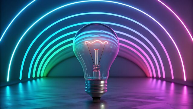 Illuminated light bulb in a neon tunnel with colorful glowing arches