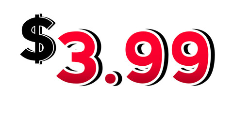 Promotional price tag $3.99 red color on transparent background. Perfect for advertising, sale banners, product promotion, discount labels, retail marketing, and e-commerce design element
