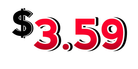Promotional price tag $3.59 red color on transparent background. Perfect for advertising, sale banners, product promotion, discount labels, retail marketing, and e-commerce design element