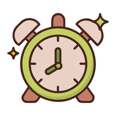 A cute cartoon alarm clock with a green face brown legs and bells ringing with sparkling stars indicating wake up time and morning routine