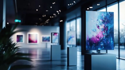 Sophisticated interior of a modern art gallery featuring a captivating exhibition of vibrant and abstract digital paintings