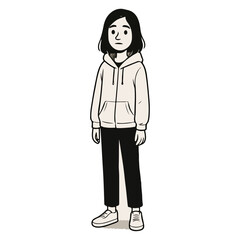 Girl in Hoodie Standing – Casual Teen Character (B/W)