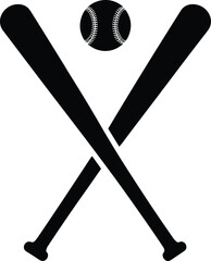 Baseball bat and ball crossed vector silhouette illustration, sports equipment icon, athletic game design, isolated black symbol for baseball training and competition