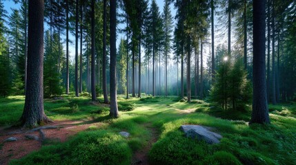 Obraz premium Sunlight Filtering Through Tall Green Trees in Lush Forest with Green Grass Sunlight and Ground Level Perspective at Daytime