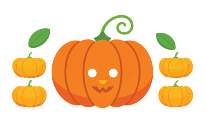 A large friendly carved halloween pumpkin with a smiling face and green stem surrounded by smaller pumpkins and leaves perfect for autumn and spooky season decorations