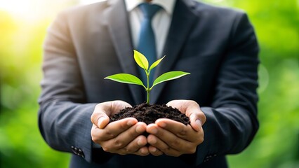 Businessman holding a small plant in his hands symbolizing growth and sustainability