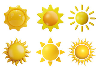 Collection of six sun icons isolated on transparent background