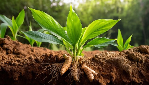 This Close Up Highlights A Turmeric Plant Thriving In Its Natural Habitat Debuting Lush Green Leaves Above And Sturdy Roots Below The Image Reflects Its Healthy Growth In The Field