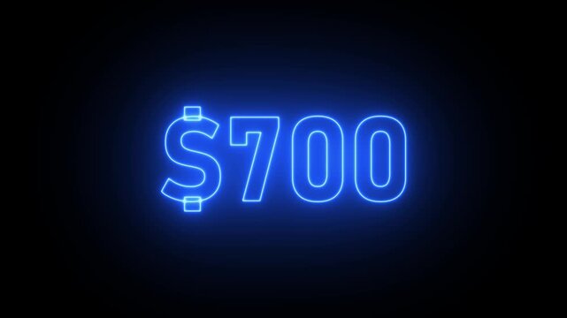 Blue Neon Dollar Sign and Number 700 Glowing on Black Background 700 dollars money