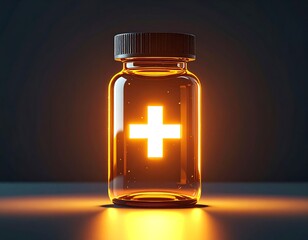 Illuminated amber glass bottle with glowing plus sign