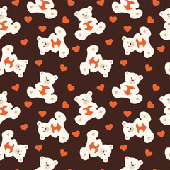 Obraz premium Cute seamless pattern with playful teddy bears surrounded by vibrant hearts, creating a warm and inviting scene. Perfect for kids' rooms or Valentine's decor