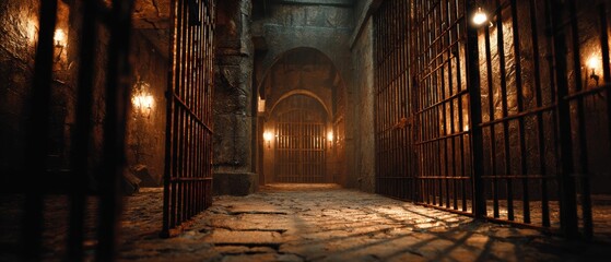 A rusty prison cell corridor wide interior shot capturing the gritty environment