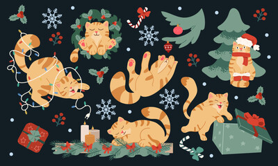 A winter festive collection of whimsical orange cats playing against a dark background celebrating Christmas. Ideal for stickers, patterns or winter  holiday desings