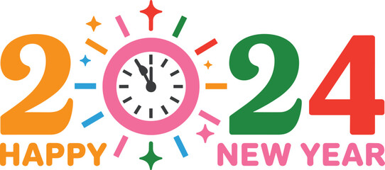 Colorful Happy New Year 2024 celebration design with clock, fireworks, and festive decoration, perfect for holiday greeting, party invitation, poster, banner illustration