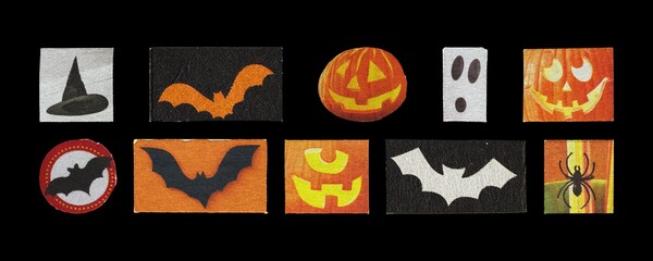 minimal halloween icons of spider skull and pumpkin on solid black
