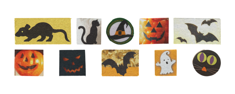 commercial halloween png elements for ads and banners, magazine cutout style pumpkins bats ghosts for marketing assets
