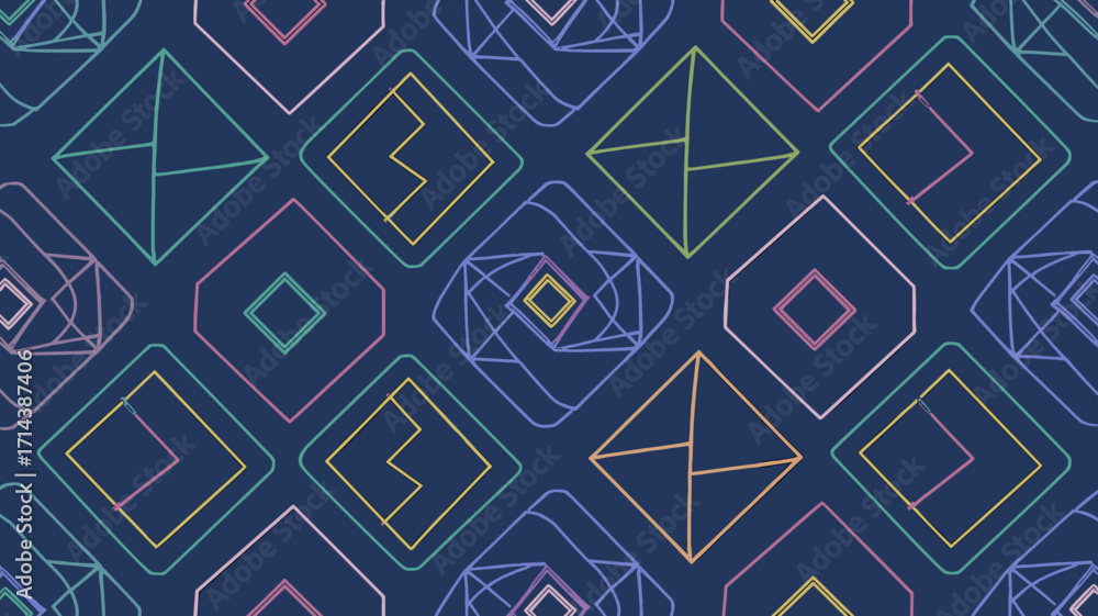 Poster chaotic neon memphis style vector pattern with geometric shapes on blue – suitable for digital backg
