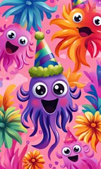 Naklejka premium Colorful Cartoon Underwater Background with Happy Characters