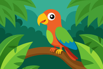 Cartoon parrot jungle tree vector illustration
