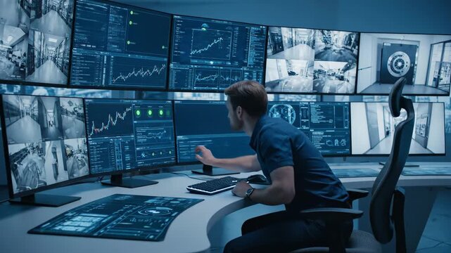 Security Operator Monitoring Surveillance System - A male security operator sits at a workstation, actively monitoring multiple screens displaying live security camera feeds and data analytics.