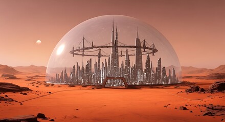 Futuristic Martian city under a transparent dome.