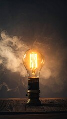 Illuminated antique lightbulb in smoky environment