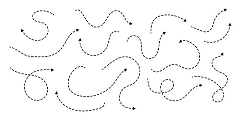 Dashed arrow set. Vector doodle dot line. Dotted hand drawn arrow. Doodle arrows of various shapes and directions. Vector illustration