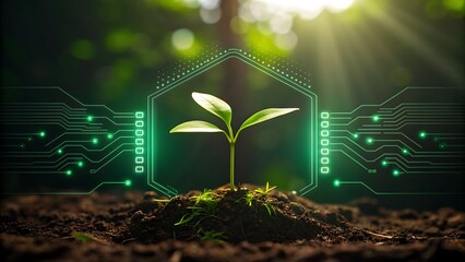 Young plant sprouting from soil with digital circuit overlay symbolizing technology and nature
