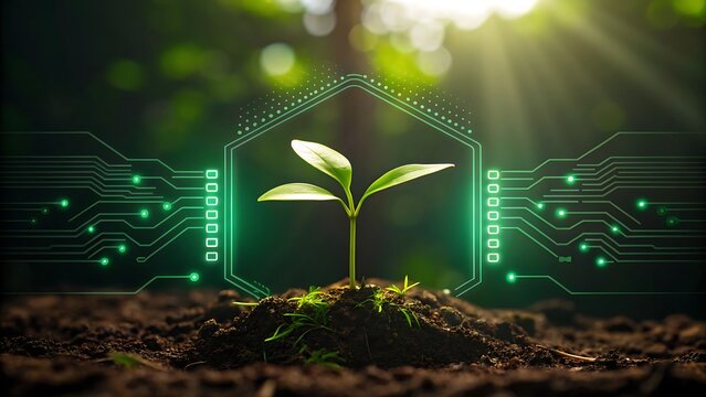 Young plant sprouting from soil with digital circuit overlay symbolizing technology and nature