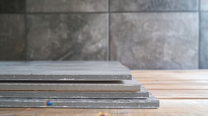 Stacked gray tiles on a wooden surface. The background features a textured gray wall. The scene conveys a modern interior design concept.