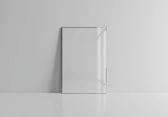 A minimalist depiction of a clear, rectangular glass panel standing upright against a white wall and floor, reflecting light and a glimpse of a window