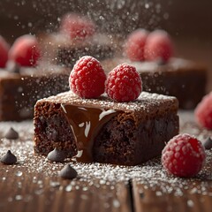 "Luxury dessert presentation, close-up of moist chocolate brownies with glossy melted chocolate chips inside, fresh raspberries on top reflecting soft light, powdered sugar falling mid-air, styled wit