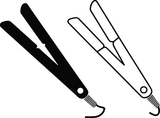 Hair straightener vector illustration in solid and outline style, isolated on white background, perfect for beauty, salon equipment, hairstyling tools, cosmetic accessory design