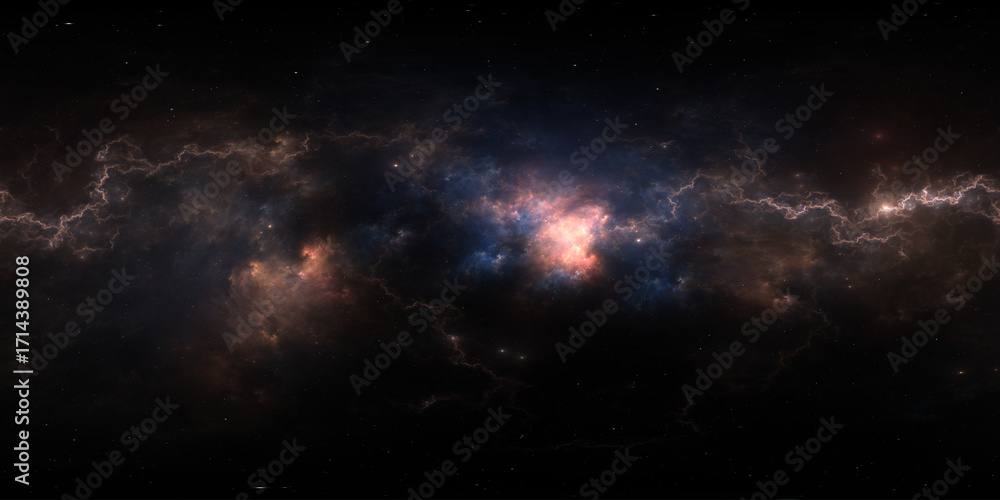 Wall mural 360 degree space nebula. giant interstellar cloud with stars, equirectangular projection, environmen
