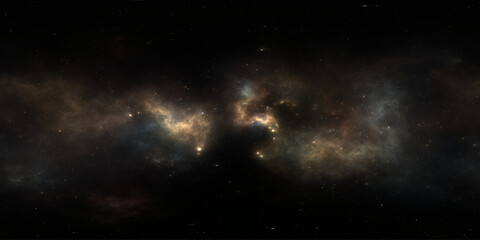 360 degree space nebula. Giant interstellar cloud with stars, equirectangular projection, environment map. Spherical panorama. 3D rendering, Fractal image