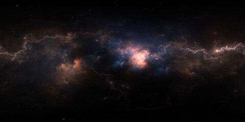 360 degree space nebula. Giant interstellar cloud with stars, equirectangular projection, environment map. Spherical panorama. 3D rendering, Fractal image