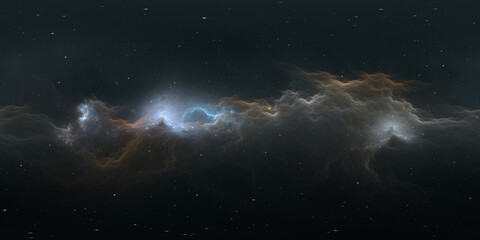 360 degree space nebula. Giant interstellar cloud with stars, equirectangular projection, environment map. Spherical panorama. 3D rendering, Fractal image