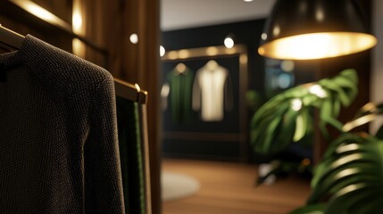 Stylish clothing displayed in a modern, dimly lit boutique.