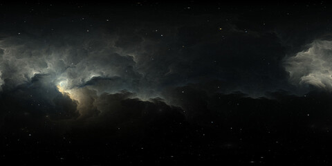 360 degree space nebula. Giant interstellar cloud with stars, equirectangular projection, environment map. Spherical panorama. 3D rendering, Fractal image