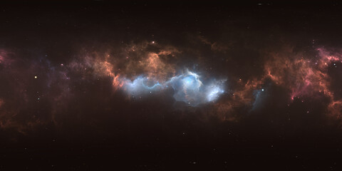 360 degree space nebula. Giant interstellar cloud with stars, equirectangular projection, environment map. Spherical panorama. 3D rendering, Fractal image