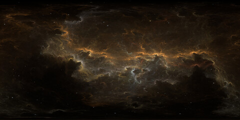 360 degree space nebula. Giant interstellar cloud with stars, equirectangular projection, environment map. Spherical panorama. 3D rendering, Fractal image