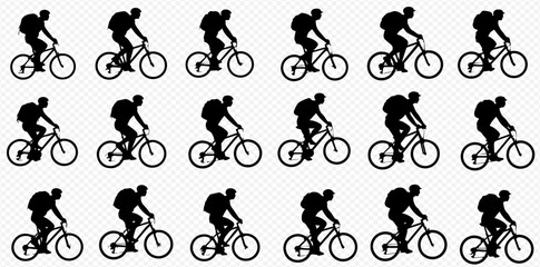 Naklejka premium A repeating pattern of black silhouettes depicting a person riding a bicycle with a backpack on a transparent background.