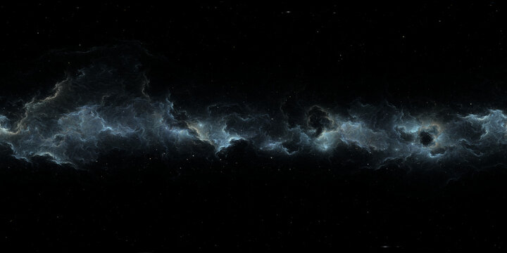 360 degree space nebula. Giant interstellar cloud with stars, equirectangular projection, environment map. Spherical panorama. 3D rendering, Fractal image