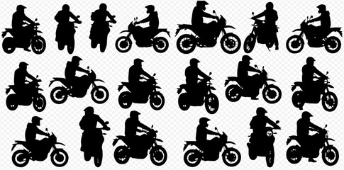 Obraz premium A collection of black silhouettes depicting various motorcyclists riding different types of motorcycles in diverse poses.