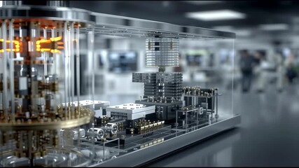 Advanced quantum computer prototype encased in transparent chamber with golden superconducting circuits in research facility