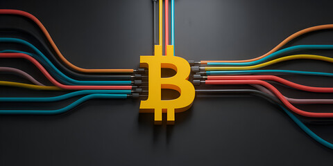 Bitcoin symbol connected with multiple colored wires