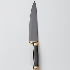 A sleek chef's knife with a dark gray blade and black handle accented with gold detailing is presented against a bright white background.  The knife is positioned vertically