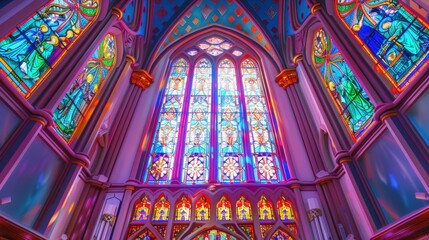 Colorful stained glass windows in a gothic cathedral. The vibrant hues create a stunning light display inside the church.