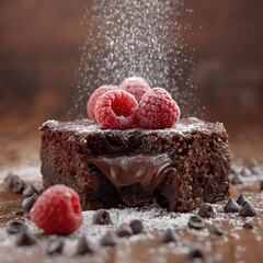 "Luxury dessert presentation, close-up of moist chocolate brownies with glossy melted chocolate chips inside, fresh raspberries on top reflecting soft light, powdered sugar falling mid-air, styled wit